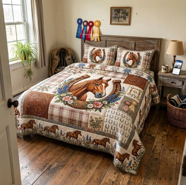 Western Horse Horseshoe 3-Piece Quilted Bedding Set