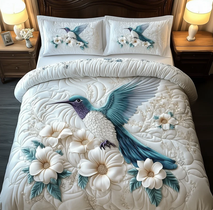 Hummingbird Relief 3-Piece Quilted Bedding Set