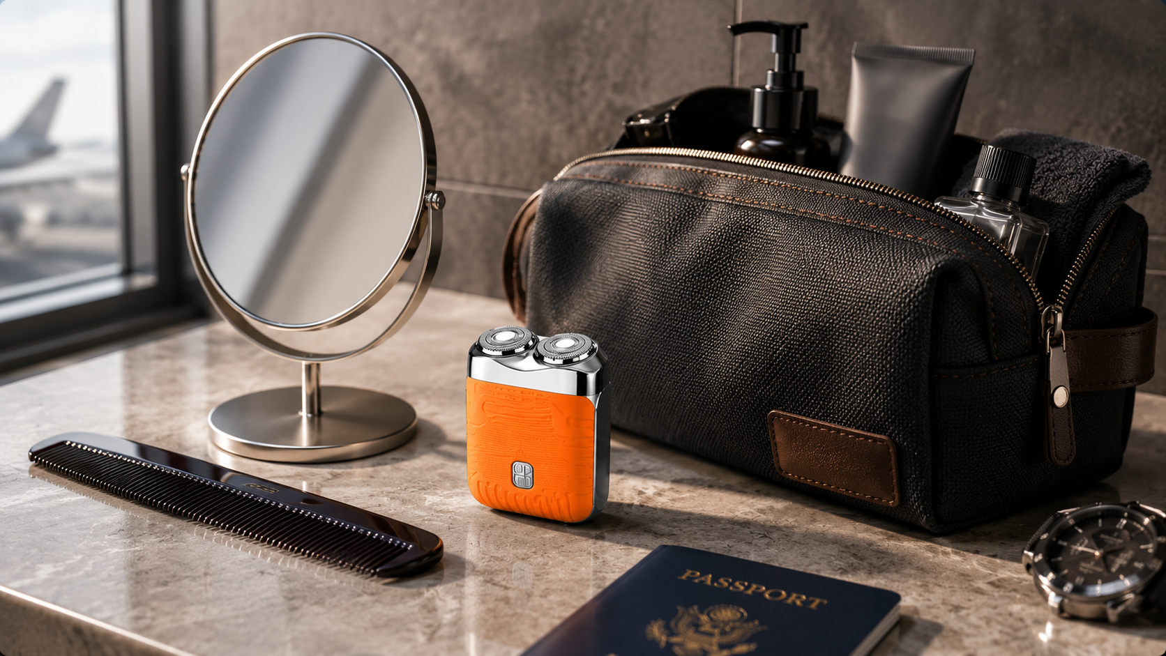 Suggested image: travel lifestyle photo showing the shaver beside a mirror, comb, and toiletry pouch