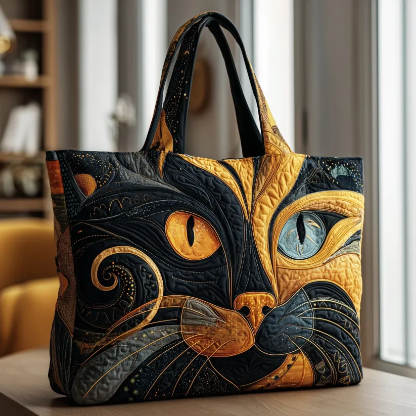 Starlit Whiskers — 3D Cosmic Cat Quilted Tote Bag ✨
