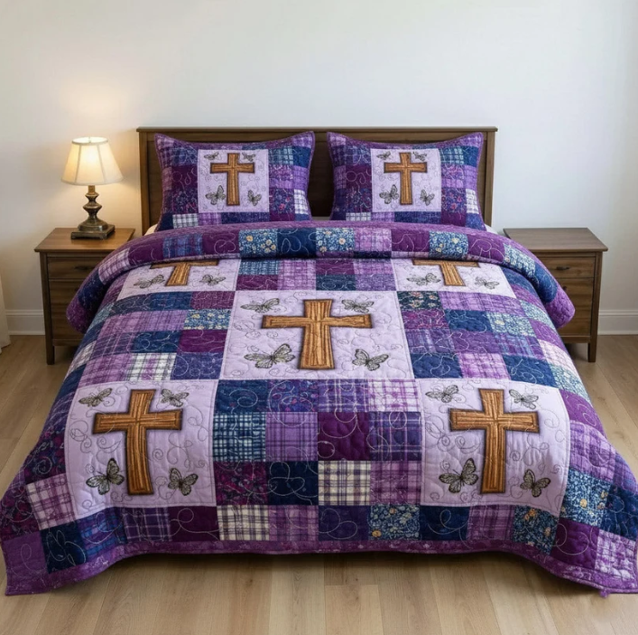 Purple Cross Butterfly 3-Piece Quilted Bedding Set