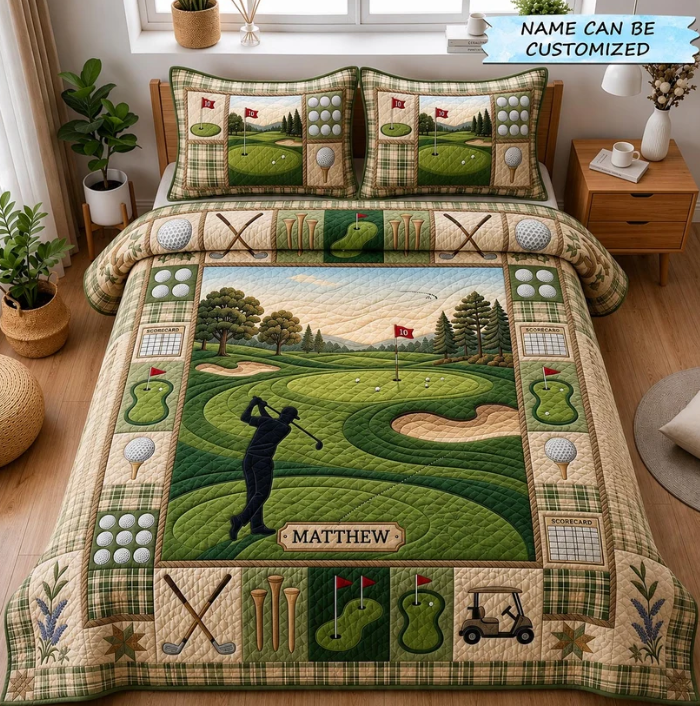 Golfer Golf Course 3-Piece Quilted Bedding Set