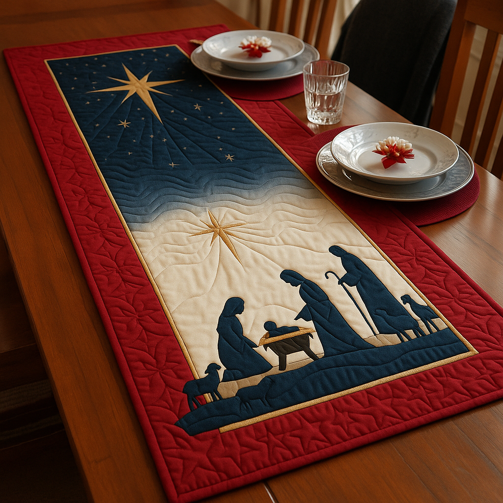 Nativity Star Night Quilted Table Runner – Christmas Scene Decor