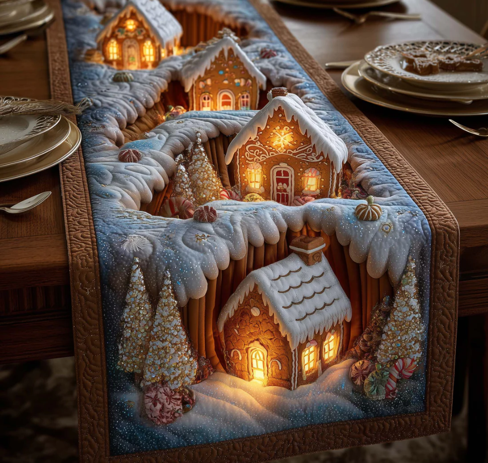 Gingerbread House Pattern Quilted Table Runner - Eco-Friendly & Machine Washable  | House