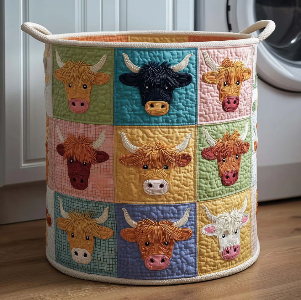Charming Highland Cow Patchwork Pattern Quilted Laundry Basket Eco-Friendly Machine Washable Storage Bin for Home Farmhouse Decor Organization | Cow