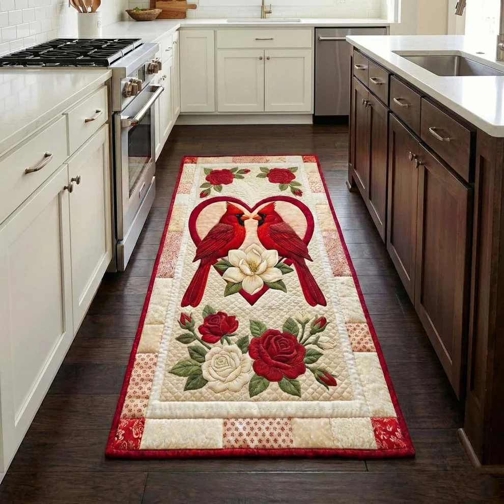 Rustic  Style Love Cardinal & Pastoral Hills Pattern Quilted Runner Rug with Charming Country Decor | Love Cardinal
