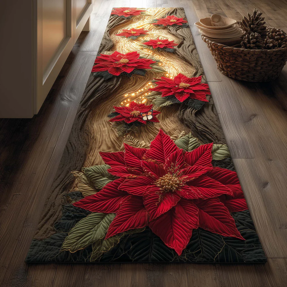 3D Festive Poinsettia Quilted Runner Rug  | flower