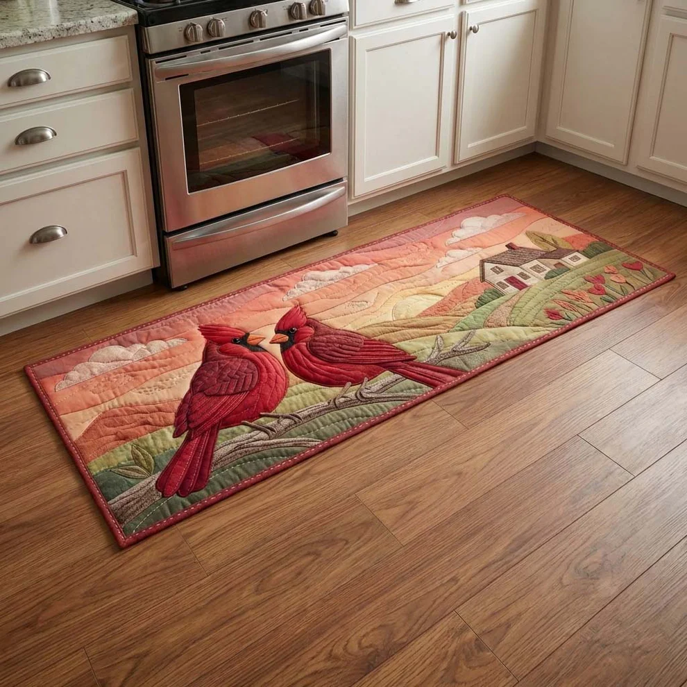 Rustic  Style Love Cardinal & Pastoral Hills Pattern Quilted Runner Rug with Charming Country Decor | Love Cardinal