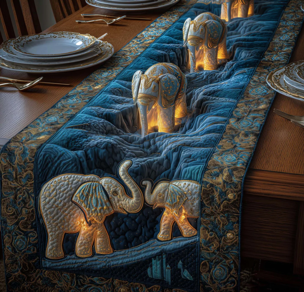 Forest Giant Quilted Table Runner Blue Velvet Elephant Family Pattern Dining Table Flag for Home Decor | Elephant