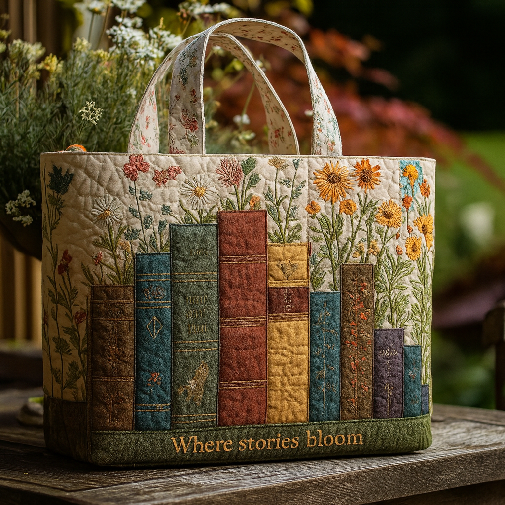 Where Stories Bloom — Garden Books Quilted Tote Bag ✨📚🌼