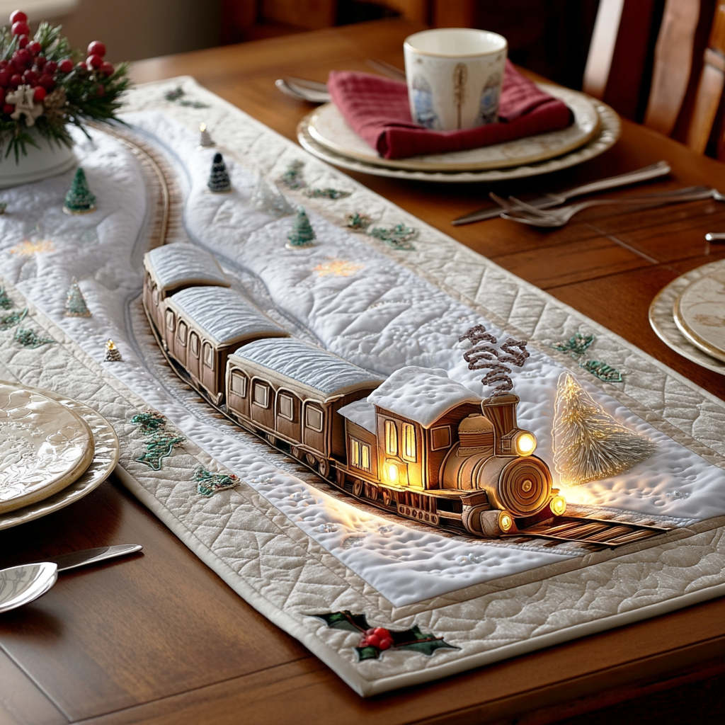 Christmas Village Train Quilted Table Runner 🚂❄️🕯️