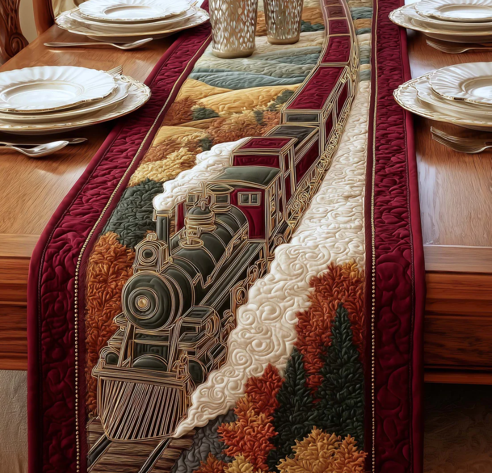 Vintage Golden Steam Locomotive Pattern Handcrafted Quilted Table Runner | Train