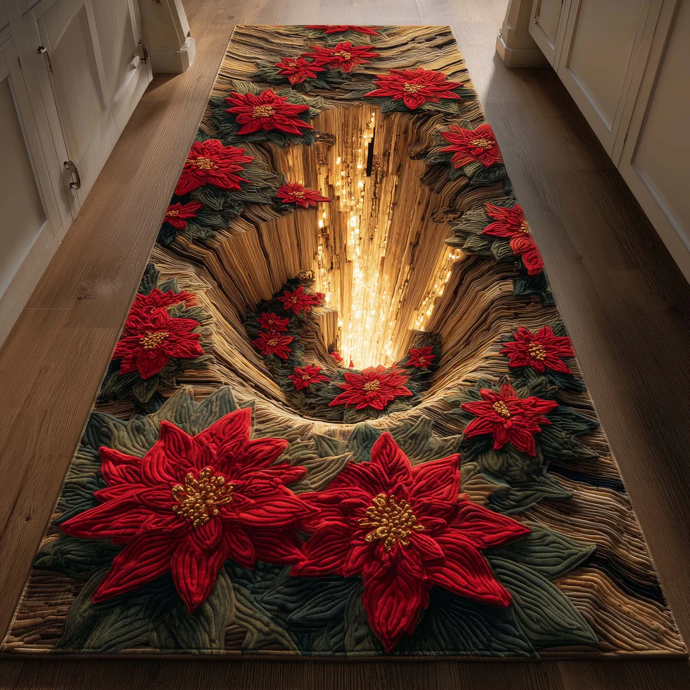 3D Festive Poinsettia Quilted Runner Rug  | flower
