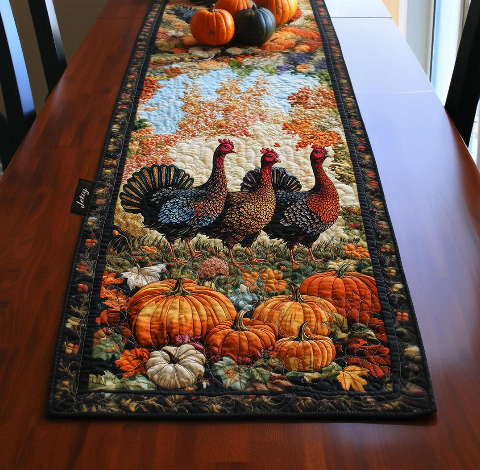 Handcrafted Quilted Table Runner with Diverse Thematic Patterns - Mardi Gras Mask, Heart Embroidery, Celtic Tree, Pumpkin Harvest, Cardinal Bird, Clover, Turkey Designs for Dining Table Decoration