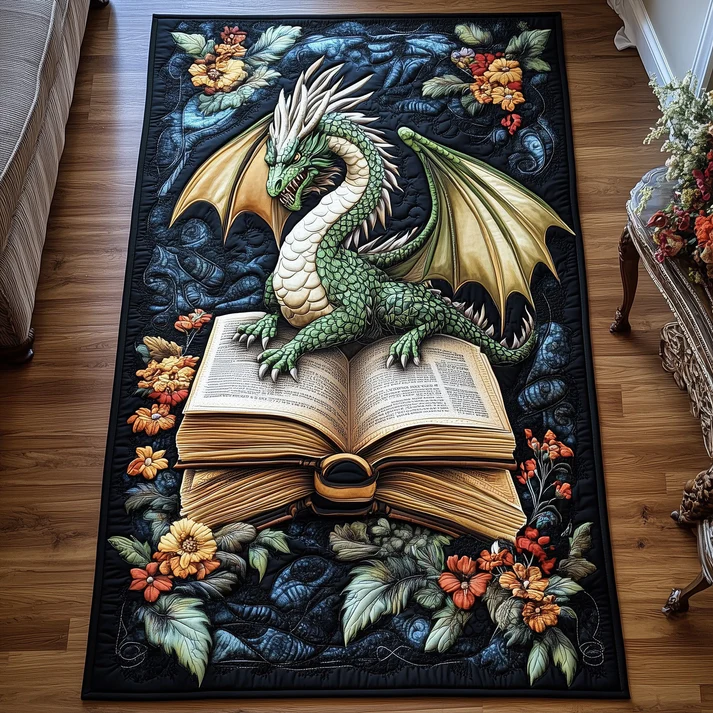 Medieval Epic Style  Dragon & Ancient Book Array Pattern Quilted Runner Rug with Vintage Distressed Texture | Dragon