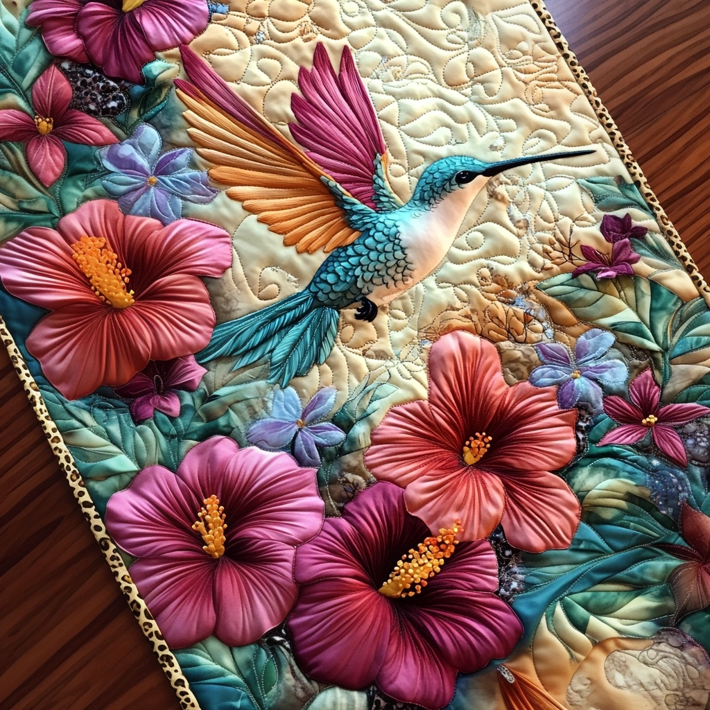 Tropical Hibiscus Hummingbird Quilted Table Runner 🌺🐦✨