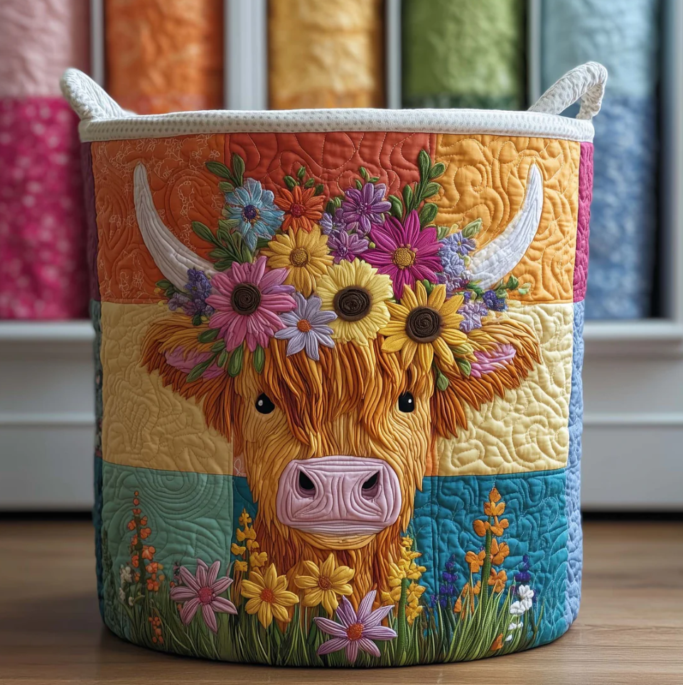 Charming Highland Cow Patchwork Pattern Quilted Laundry Basket Eco-Friendly Machine Washable Storage Bin for Home Farmhouse Decor Organization | Cow