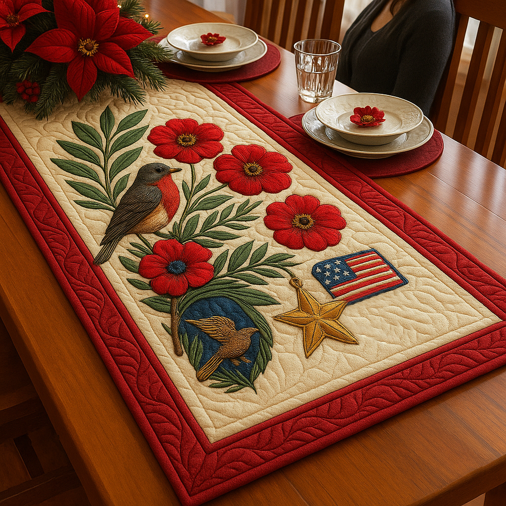 Patriotic Songbird Quilted Table Runner – A Gentle Tribute at Every Meal 🇺🇸🌸