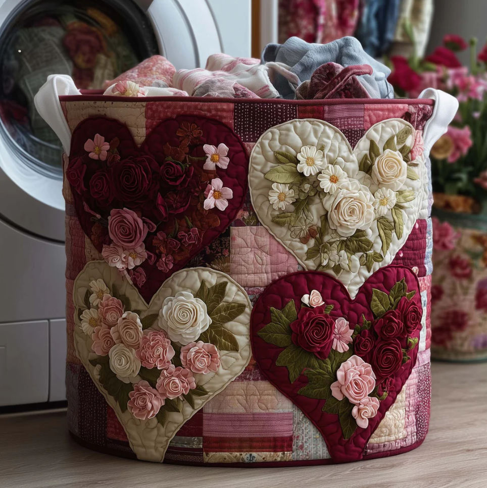 Romantic Floral Heart Patchwork Pattern Quilted Laundry Basket Eco-Friendly Machine Washable Storage Organizer for Home Bedroom Decor | Heart