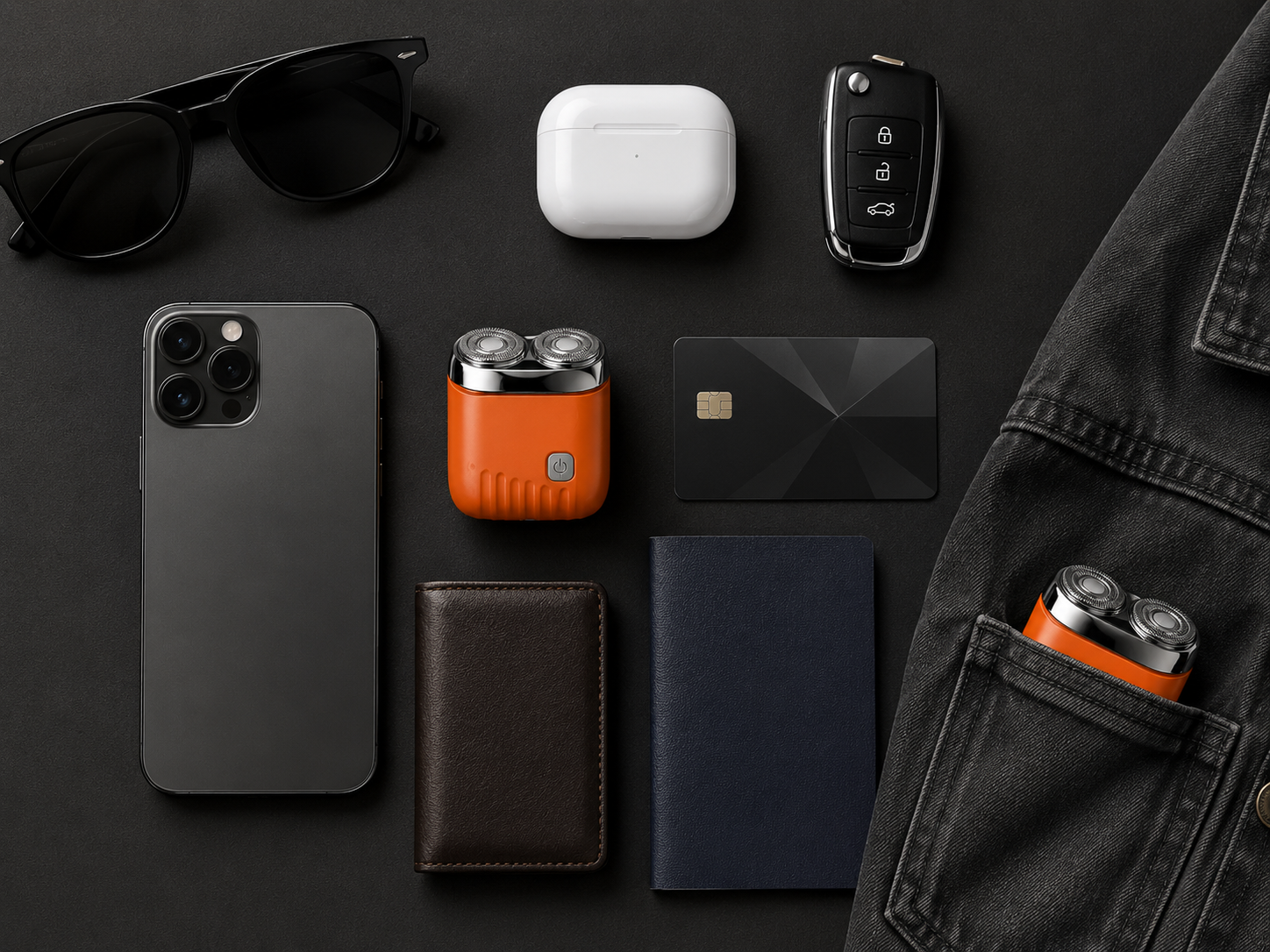 Suggested image: pocket-size scale comparison showing the compact shaver beside everyday travel items