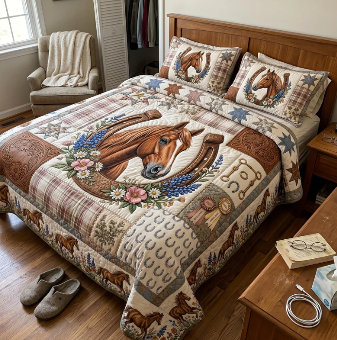 Western Horse Horseshoe 3-Piece Quilted Bedding Set