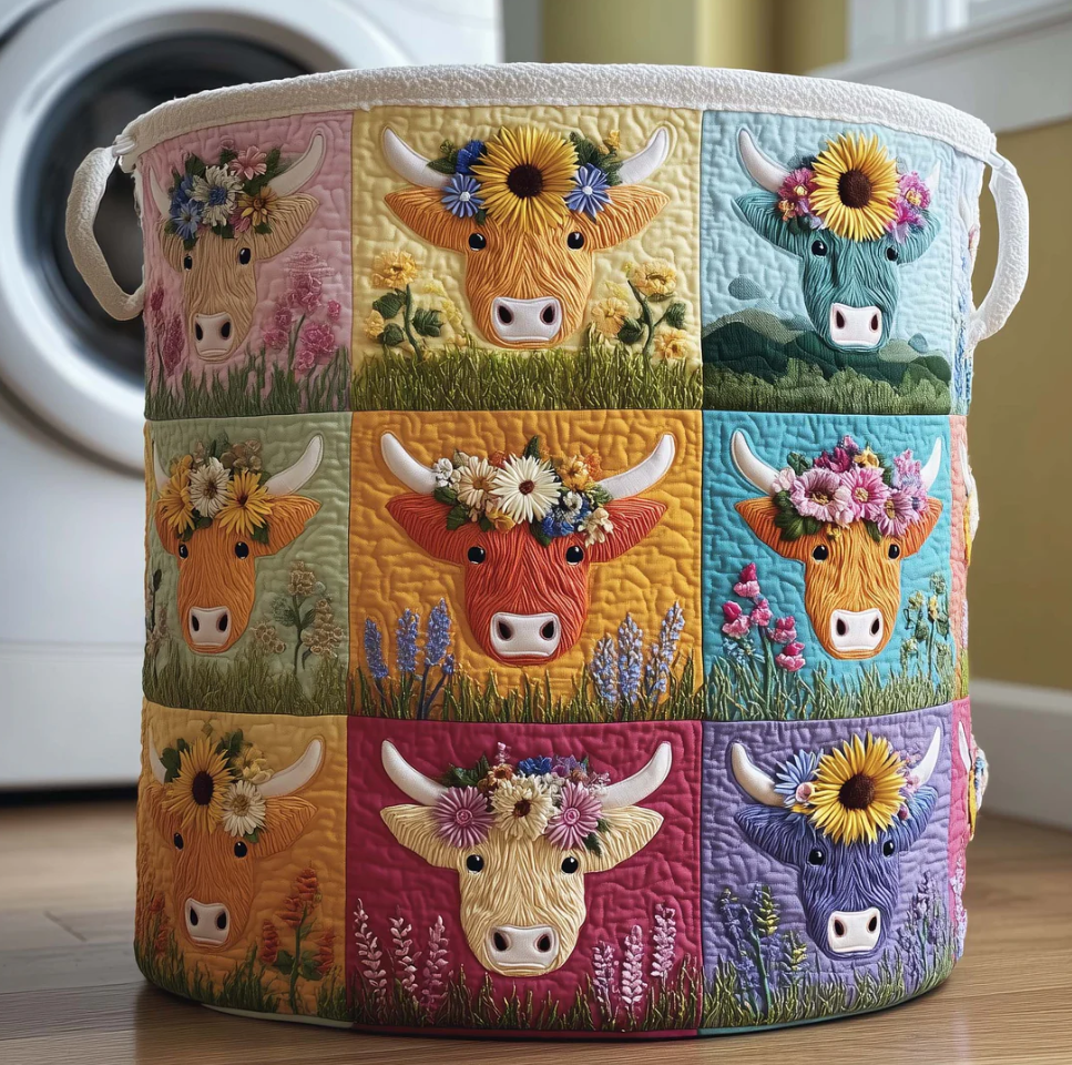 Charming Highland Cow Patchwork Pattern Quilted Laundry Basket Eco-Friendly Machine Washable Storage Bin for Home Farmhouse Decor Organization | Cow