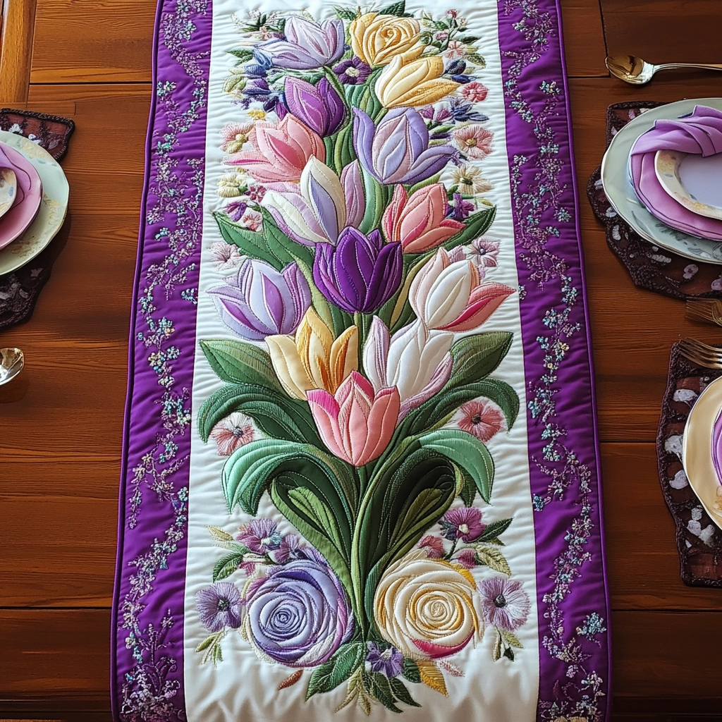 Lavender Bloom Tulips Quilted Table Runner 🌷💜✨
