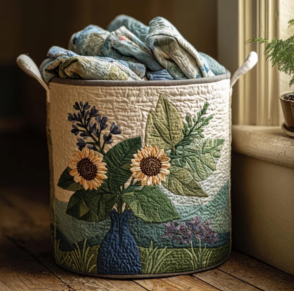 Vivid Sunflower Floral Pattern Quilted Laundry Basket Eco-Friendly Machine Washable Storage Bin for Home Farmhouse Living Room Decor | Sunflower
