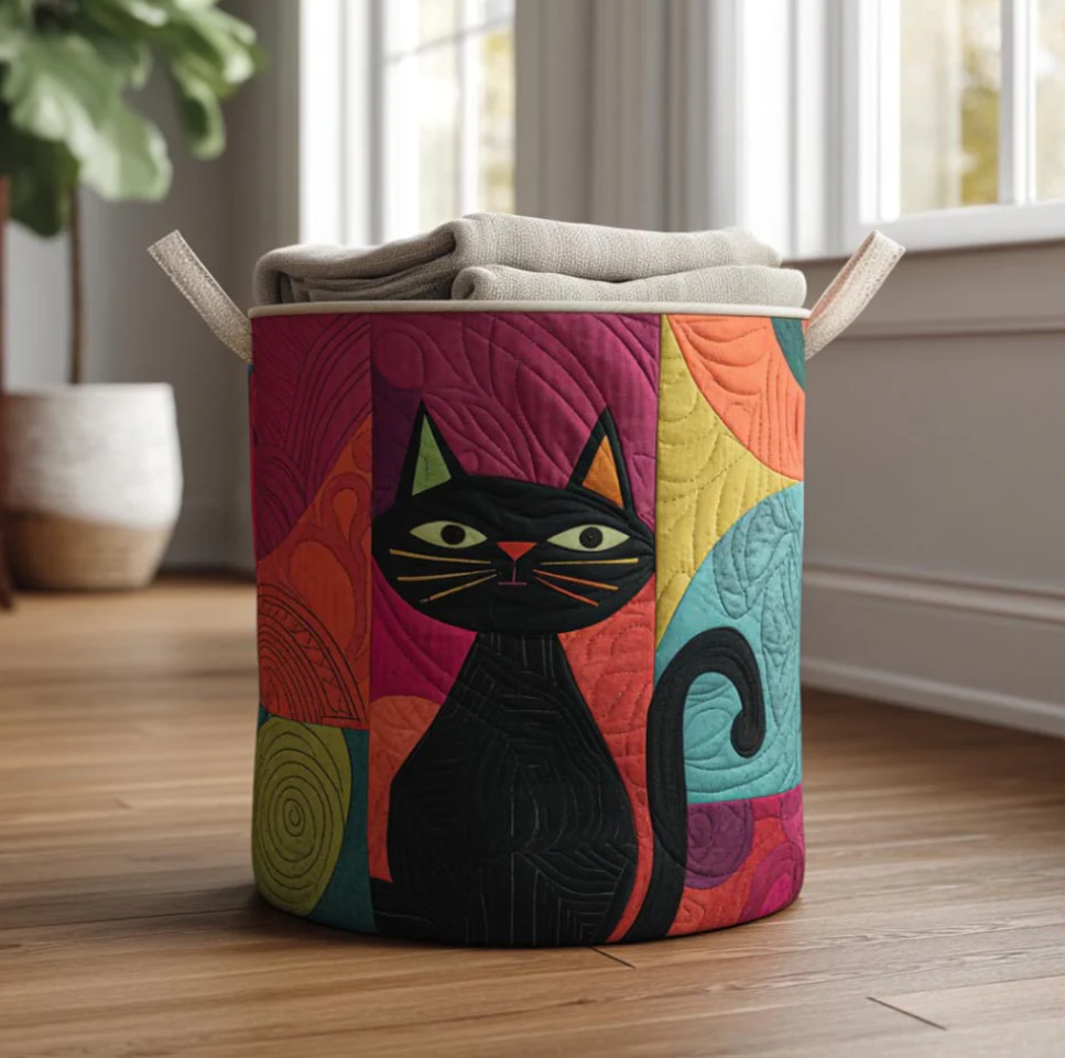 Artistic Black Cat Pattern Quilted Laundry Basket Eco-Friendly Machine Washable Storage Organizer for Home Cat Lover Room Decor | Cat