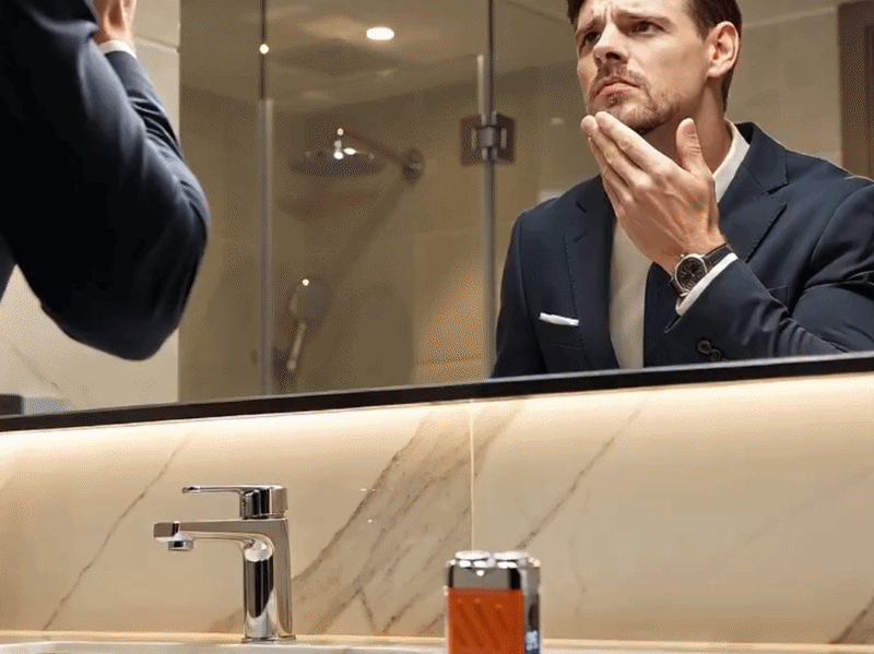 Suggested image: lifestyle hero showing the dual-head pocket shaver being used for a quick morning facial touch-up