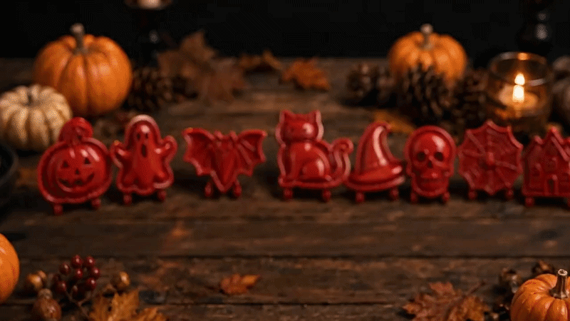 Suggested image: Halloween mini pie mold set hero photo with spooky shaped pies on festive table