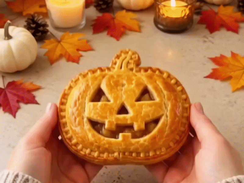Suggested image: hands using Halloween pie mold to shape dough before baking