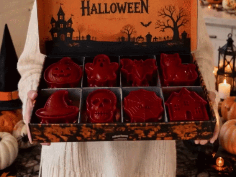 Suggested image: eight spooky mold designs including pumpkin ghost bat and Halloween characters