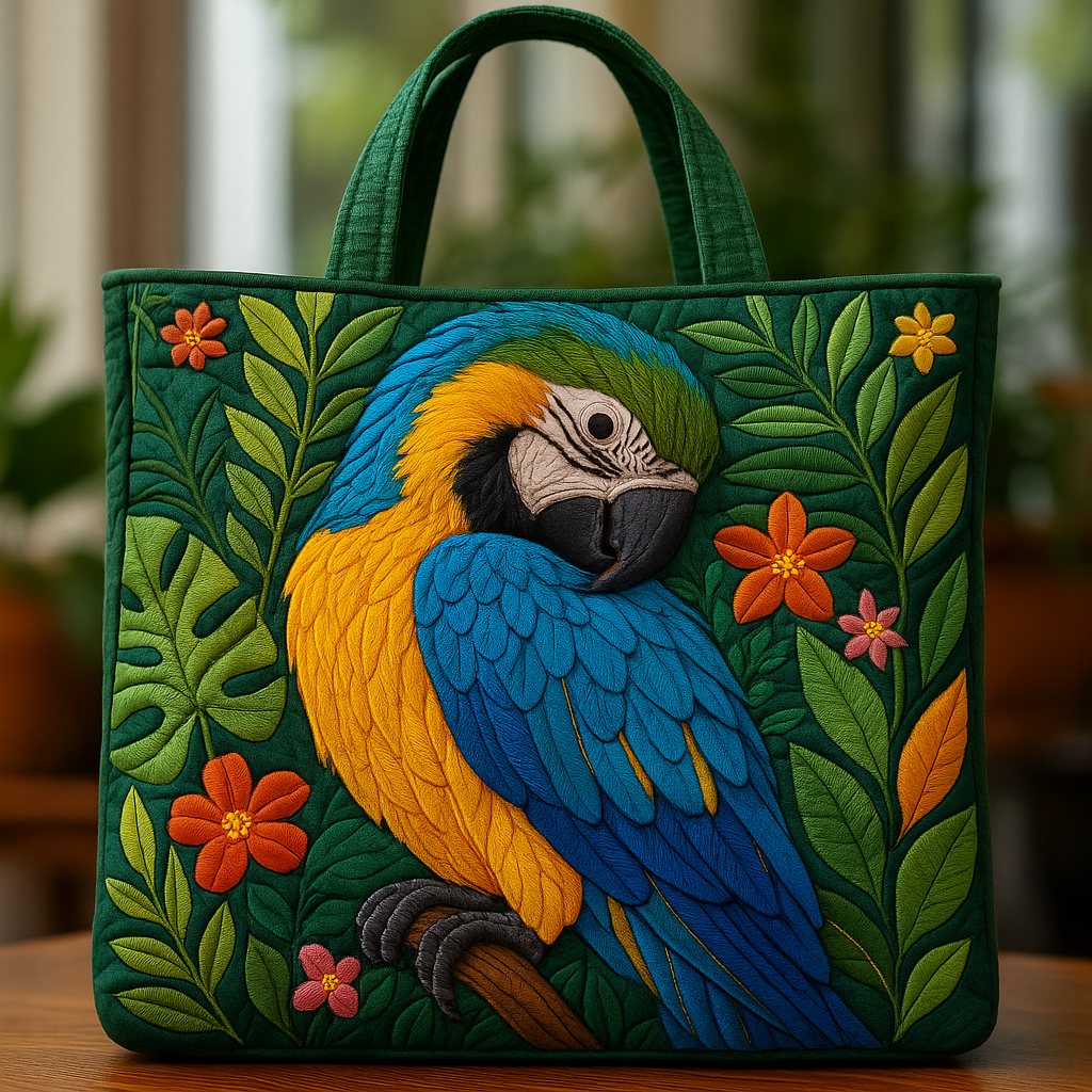 Blue & Gold Macaw Quilted Tote Bag 🦜🌿 Tropical Patchwork Art