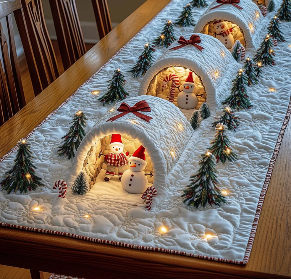 Winter Snowman Scene Quilted Table Runner Handcrafted Home Decor | Snowman