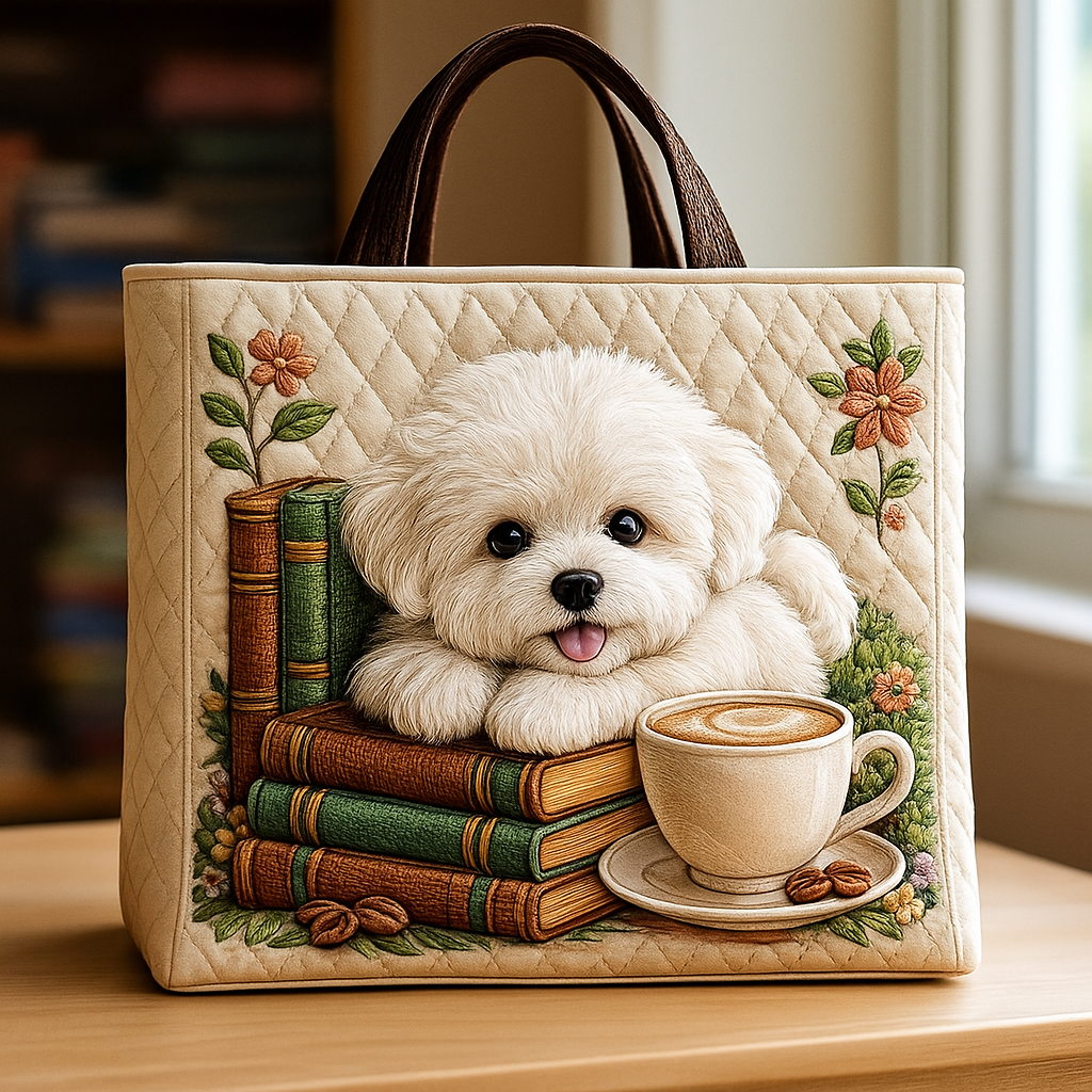 Cozy Latte Pup Quilted Tote Bag — Warm & Whimsical Design