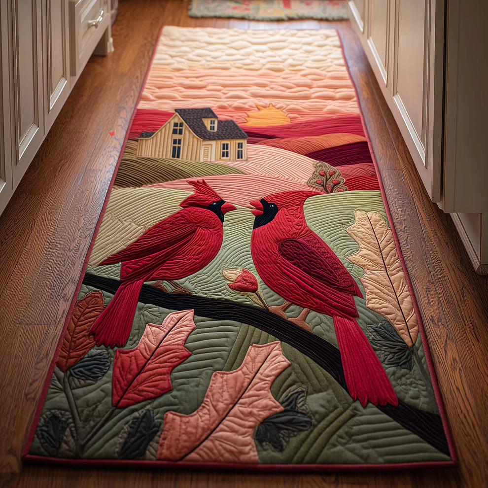 Rustic  Style Love Cardinal & Pastoral Hills Pattern Quilted Runner Rug with Charming Country Decor | Love Cardinal