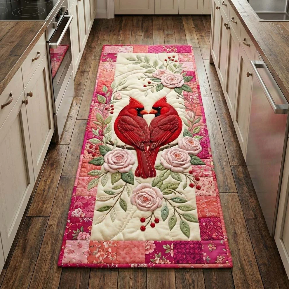 Rustic  Style Love Cardinal & Pastoral Hills Pattern Quilted Runner Rug with Charming Country Decor | Love Cardinal