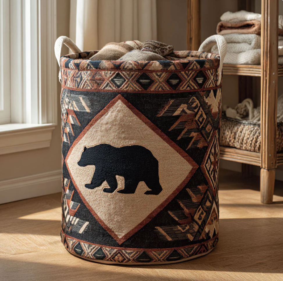 Vibrant Tribal Bear Pattern Quilted Laundry Basket Eco-Friendly Machine Washable Storage Bin for Home Rustic Cabin Decor Organization | Bear
