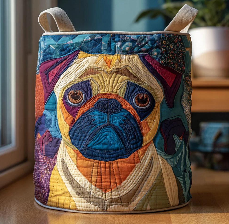 Cute Pug Friends Pattern Quilted Laundry Basket Eco-Friendly Machine Washable Storage Bin for Home Bedroom Bathroom Organization | Dog