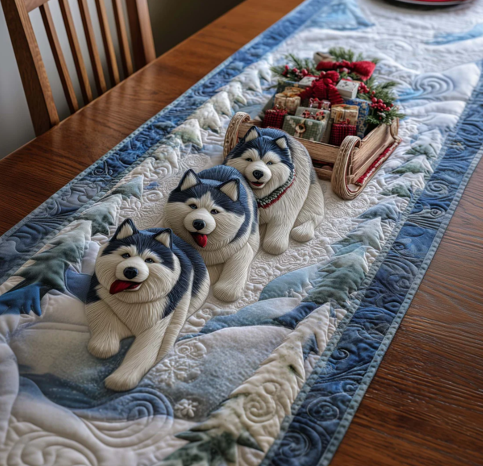 Winter Husky Pattern Quilted Table Runner - Eco-Friendly & Machine Washable | Dog