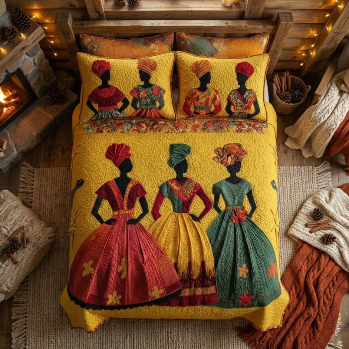 African Women 3-Piece Quilted Bedding Set
