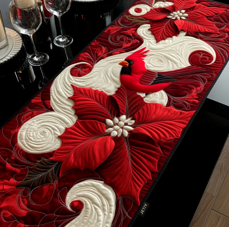 Handcrafted Quilted Table Runner with Diverse Thematic Patterns - Mardi Gras Mask, Heart Embroidery, Celtic Tree, Pumpkin Harvest, Cardinal Bird, Clover, Turkey Designs for Dining Table Decoration