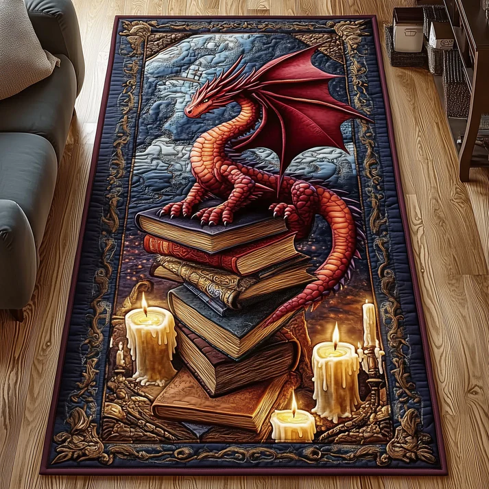 Medieval Epic Style  Dragon & Ancient Book Array Pattern Quilted Runner Rug with Vintage Distressed Texture | Dragon