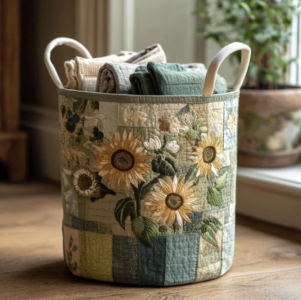 Vivid Sunflower Floral Pattern Quilted Laundry Basket Eco-Friendly Machine Washable Storage Bin for Home Farmhouse Living Room Decor | Sunflower