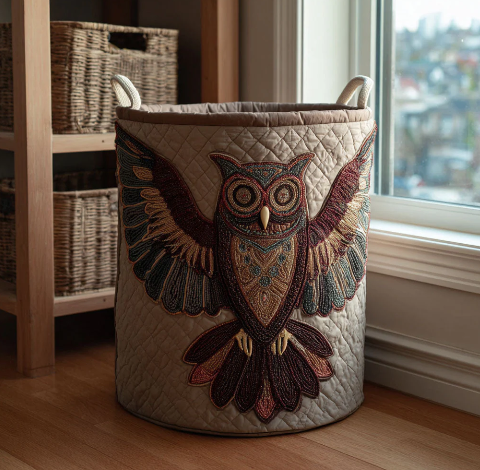 Exquisite Owl Pattern Quilted Laundry Basket Eco-Friendly Machine Washable Storage Container for Home Study Room Bedroom Organization | Owl