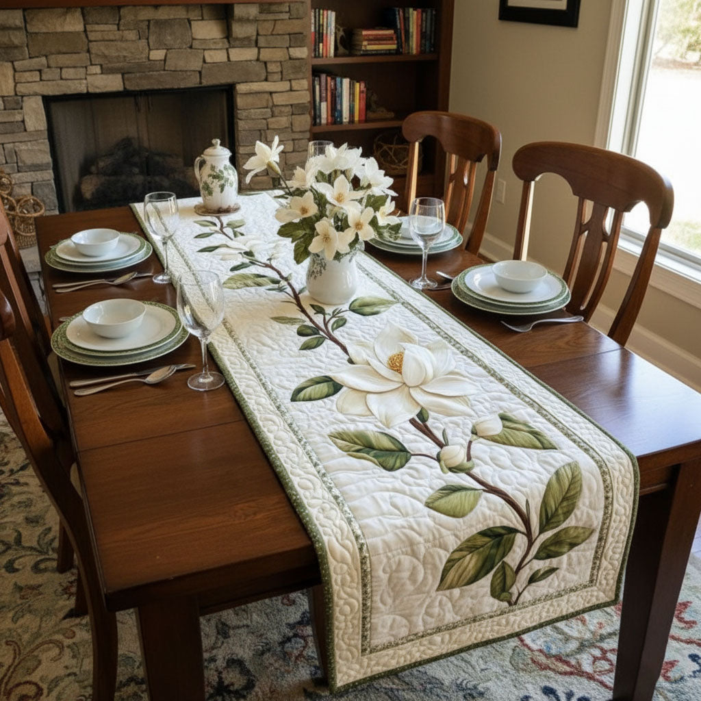 Rustic Magnolia Bloom Quilted Table Runner– Natural & Handcrafted Style