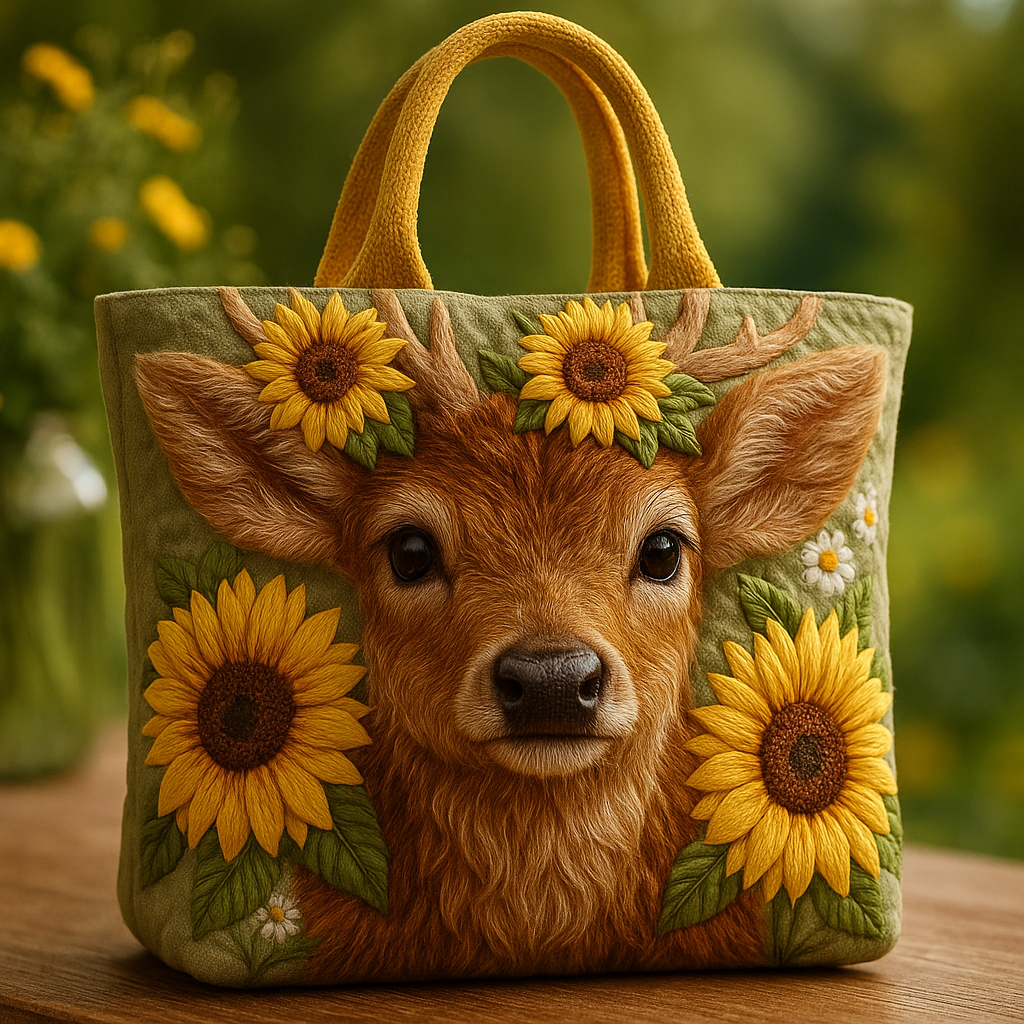 Sunflower Fawn Quilted Tote Bag ⚡ Nature-Inspired Handcrafted Art