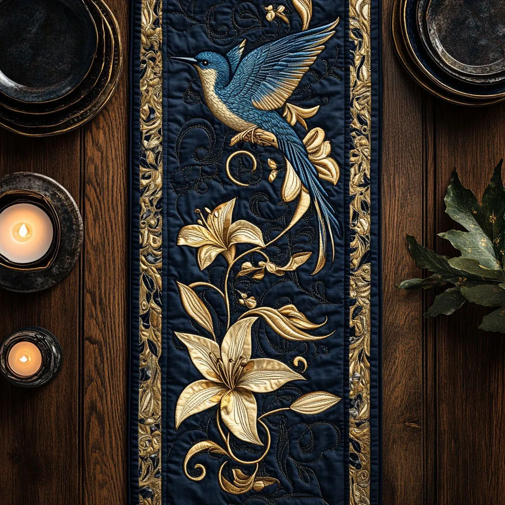 Midnight Goldsong Bird Quilted Table Runner 🌙💙✨