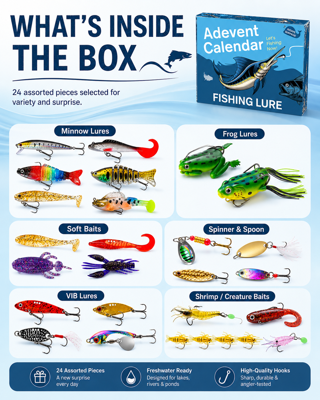 Assorted lure types inside the fishing advent calendar